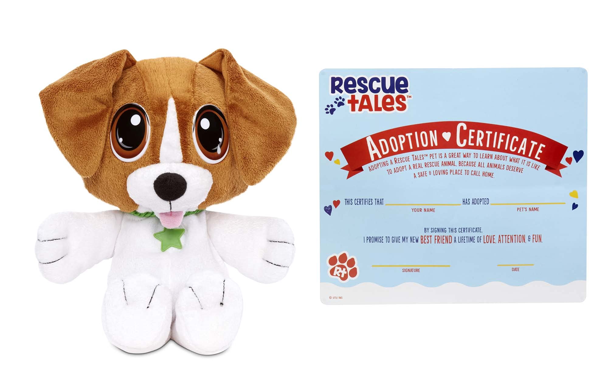 little tikes Rescue Tales Cuddly Pup - Morbido e Coccolabile - Include Collare con Targhetta Personalizzabile e Certificato di Adozione - Beagle - Dai 3 anni in su