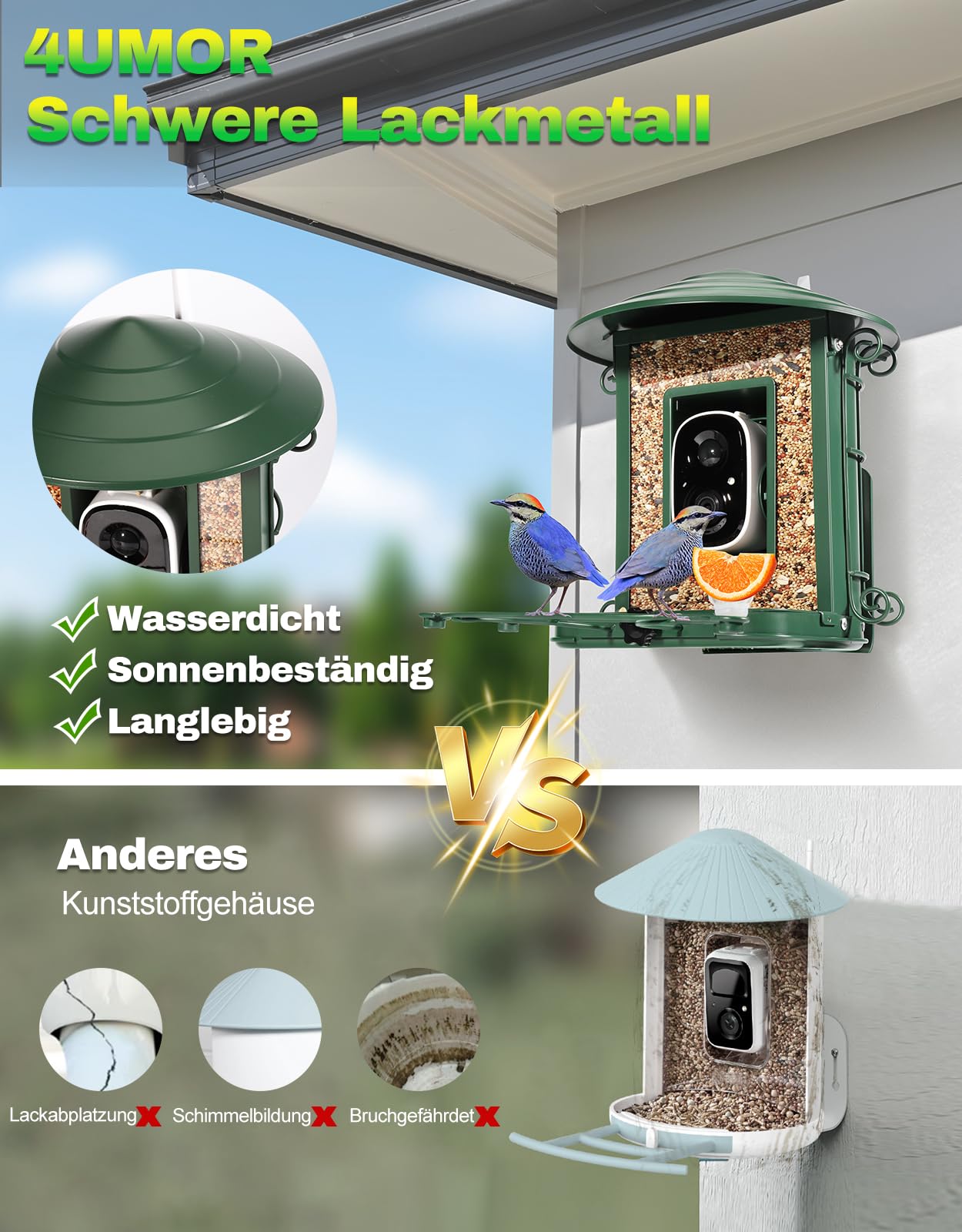 4UMOR Vogelfutterhaus mit Kamera, KI-Vogelerkennung Live-Beobachtung Automatische Aufnahme Solarbetrieb Metall Vogelfutter mit Eichhörnchensicher WLAN & Nachtsicht IP65 Wasserdicht 2K HD Video Smart