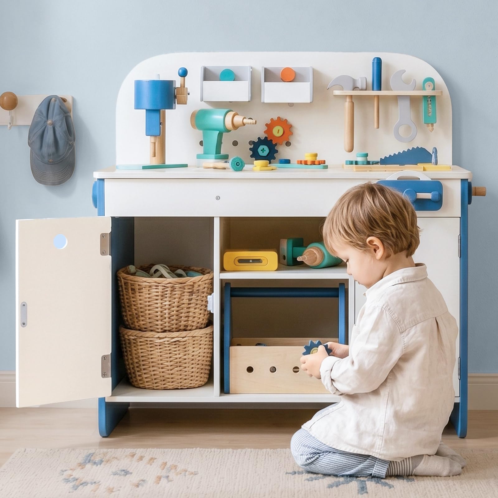 Kinderspielzeug Werkbank Set mit 40+ Teilen – Holz. ab 3 Jahren | Holz Werkzeugkasten & Bastelset , inkl. Bohrmaschine, Hammer, Schraubenzieher, Zahnräder – Kreatives Lernspielzeug