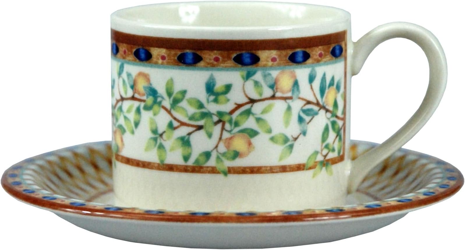 6 x Lemon Tree Porcelain Coffee Cup & Saucer Set Tesco Home Ware 0.25L Capacity Cups Saucers 14cm Diameter - Dishwasher, Freezer & Microwave Safe