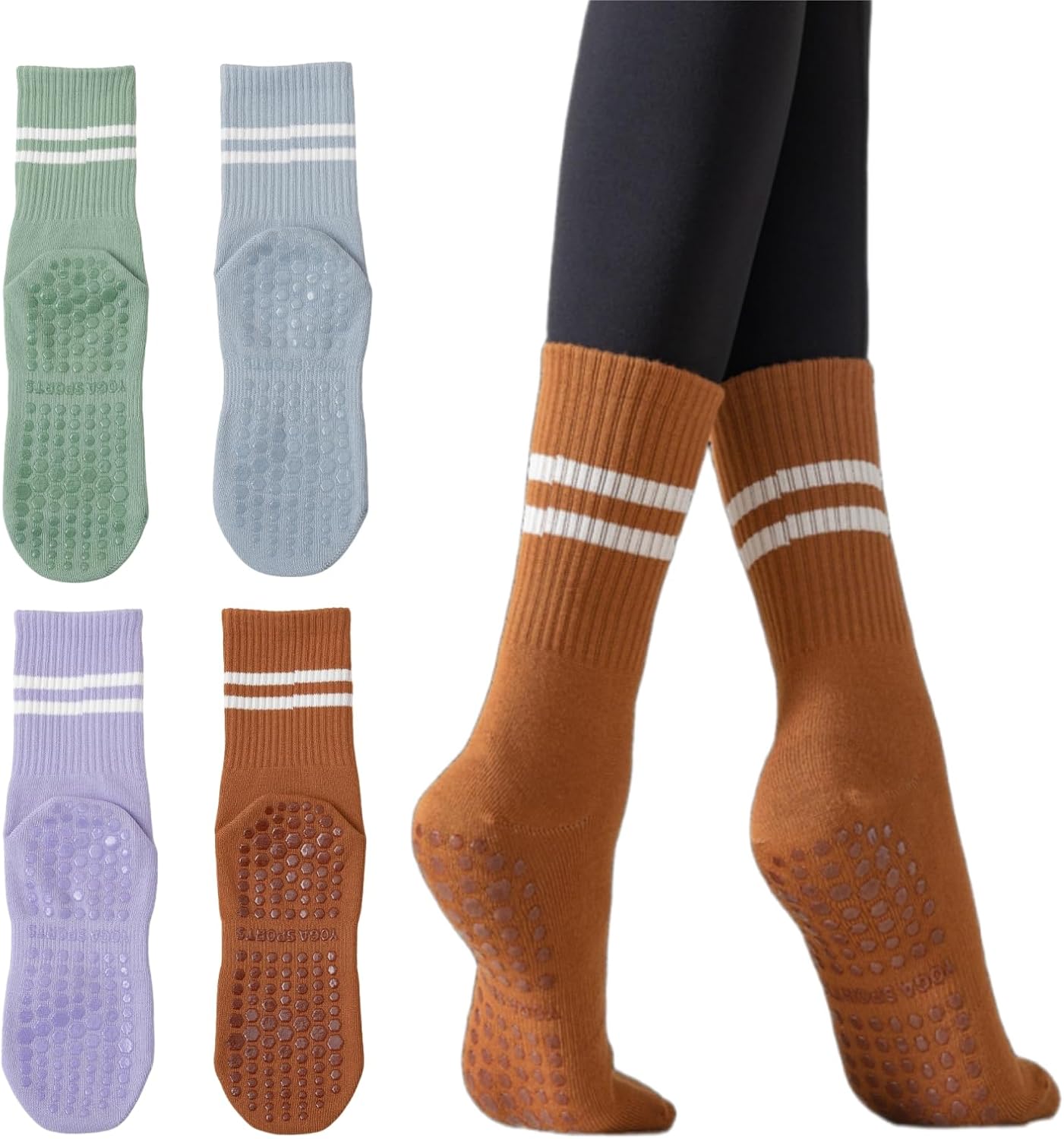 Yoga Socks with Non-Slip Grips for Women - 4 Pairs Pilates, Barre, Gym, Dance Workout Anti-Skid Socks