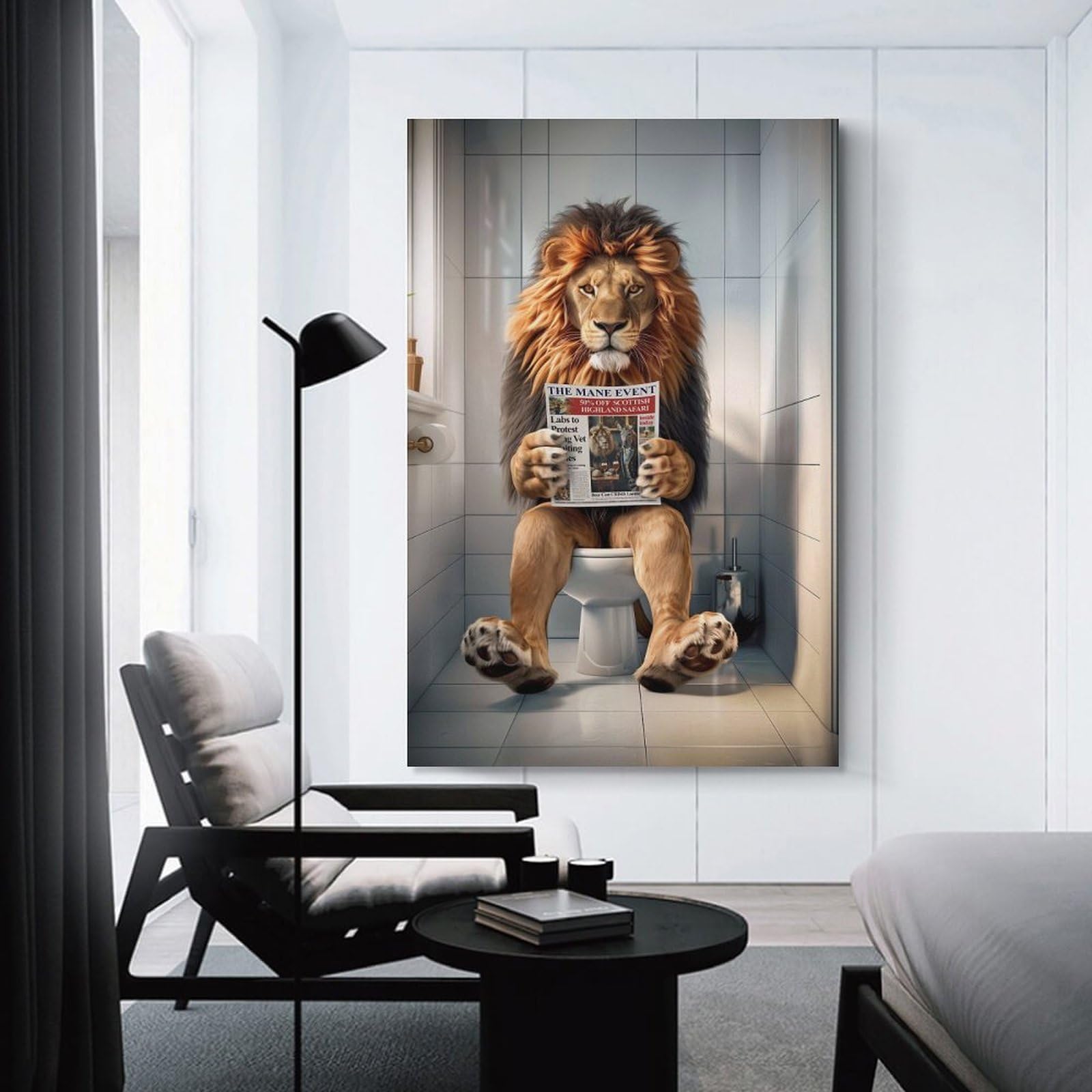 Junmoney Unframe-Style-12 Lion In The Bathroom Wall Picture Print, 20X30inch(50X75cm), For New Homes, Bedrooms Or Workspaces, Thoughtful Wall Decor For Art Lovers
