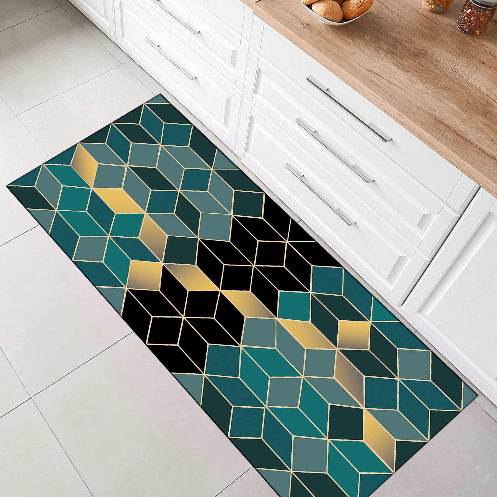 Rutschfester Läufer Teppich für Flur und Wohnzimmer, modernes geometrisches Diamant-Gitter-Design, vielseitiger Teppich für Heimdekoration