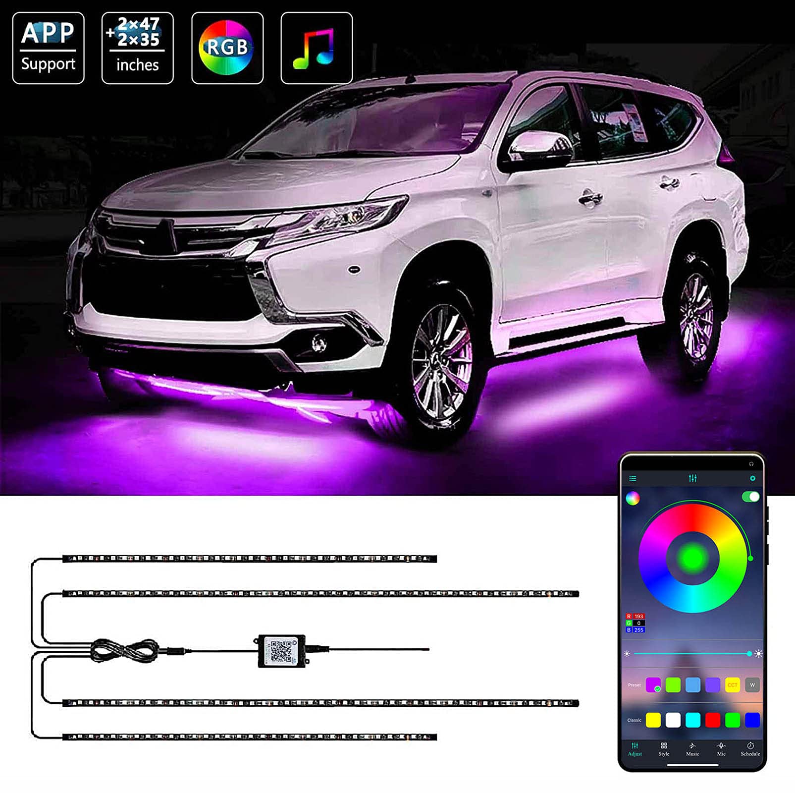 Exterior Car Underglow LED Strip Lights, 16 Million Colors Neon Accent Lights Kit, Multicolor RGB Sound Actived Underbody System Lights - Wireless Bluetooth APP Control, DC 12-24V(2×47inch+2×35inch)