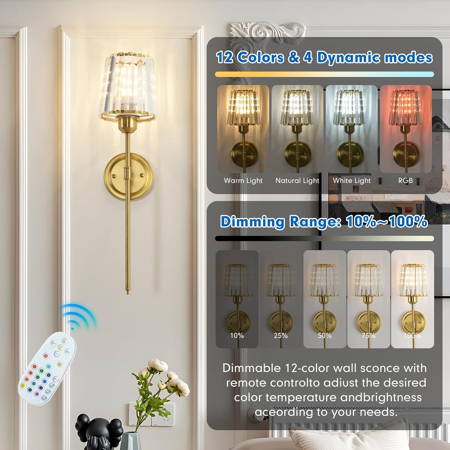 Crystal Battery Operated Wall Sconces Set of 2, Gold RGB Rechargeable Wireless Wall Sconce with 7200mAh Dimmable Bulbs and Remote for Bedroom Living Room 2 Bulbs Included