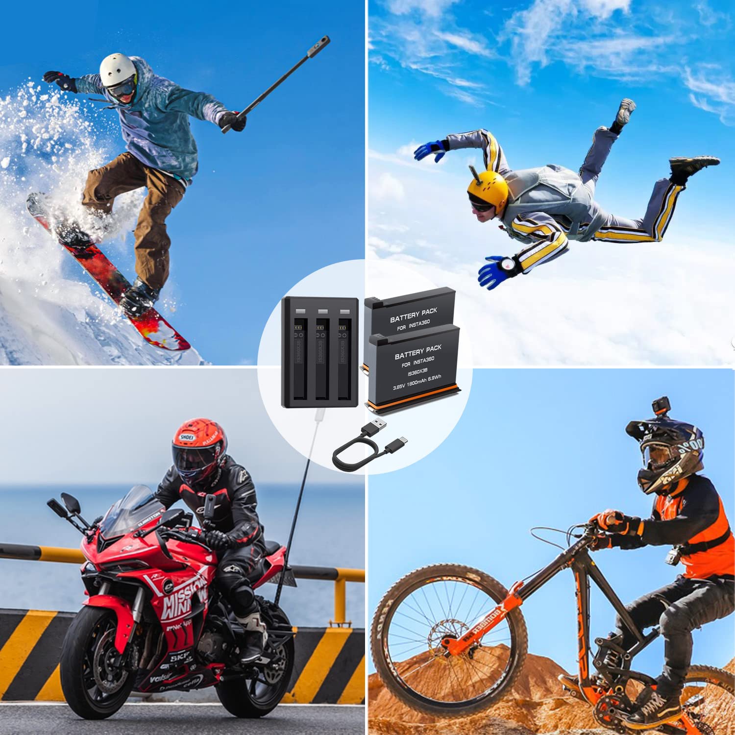 Batteria Caricabatterie Kit per Insta360 X3, 2 Batterie da 1800mAh e LED Caricatore per Insta360 X3/ One X3 Fotocamera