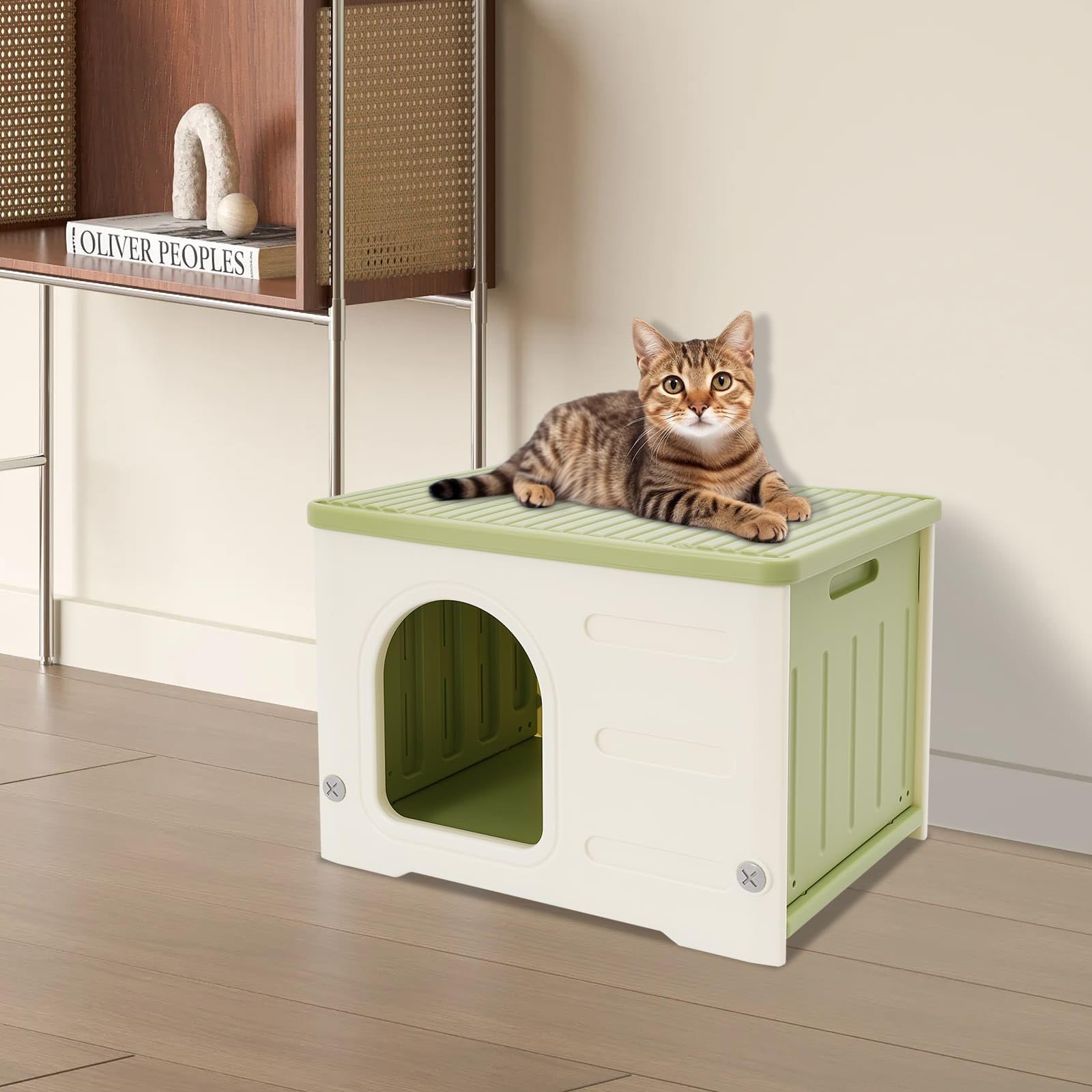 Maison pour Chat en HDPE, L53 x P41 x H38,3cm, Étanche et Robuste, Facile à Nettoyer, pour Intérieur et Extérieur (Vert, Moyen)