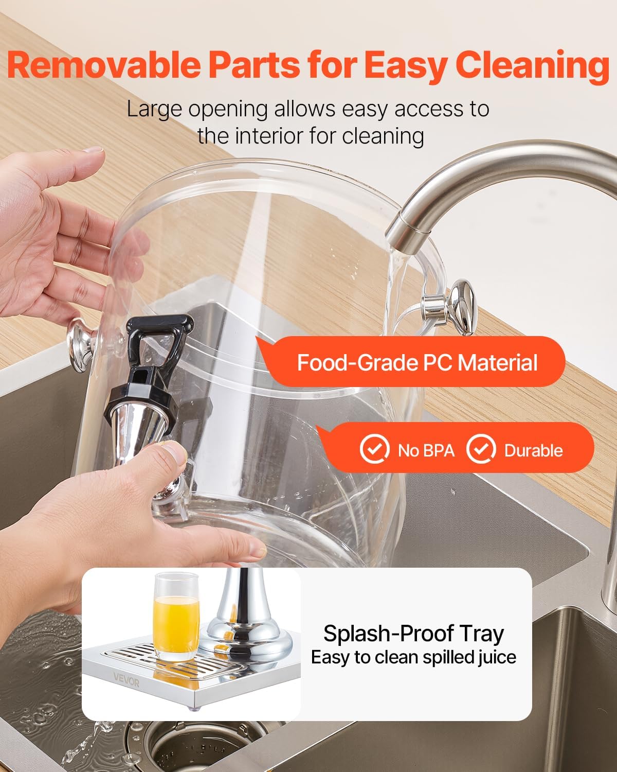 Hands cleaning the VEVOR beverage dispenser in a sink