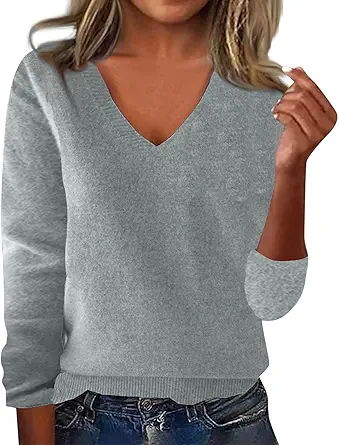 OIOLOYJM Fall Cashmere Sweaters for Women 2025 V Neck Long Sleeve Tops Knitted Pullovers Lightweight Merino Wool Sweater