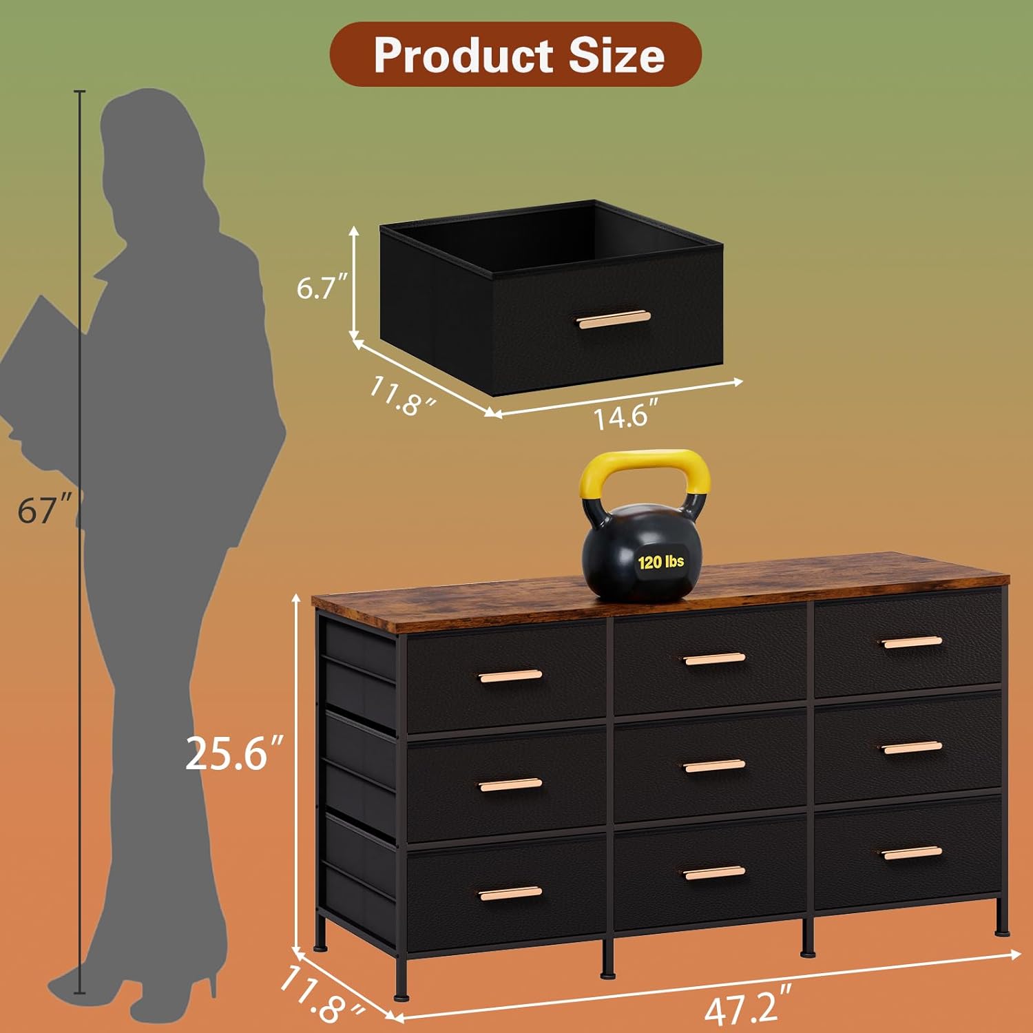 TV Stand for 55 inch TV, 47" Entertainment Center with 9 Fabric Drawers, Brushed Gold Handle, TV Media Console Table for Living Room, Bedroom, Hallway, Black - Image 2