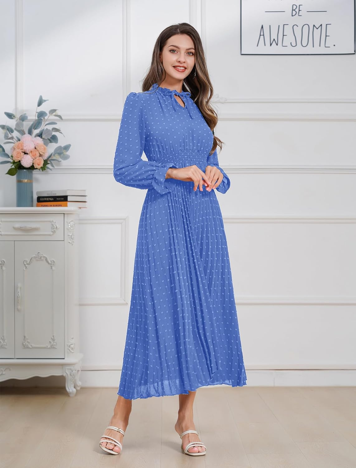 Women's 2024 Fall Midi Dress Casual Long Sleeve Swiss Dot Pleated A Line Flowy Cocktail Dresses Wedding Guest Dress - Image 6