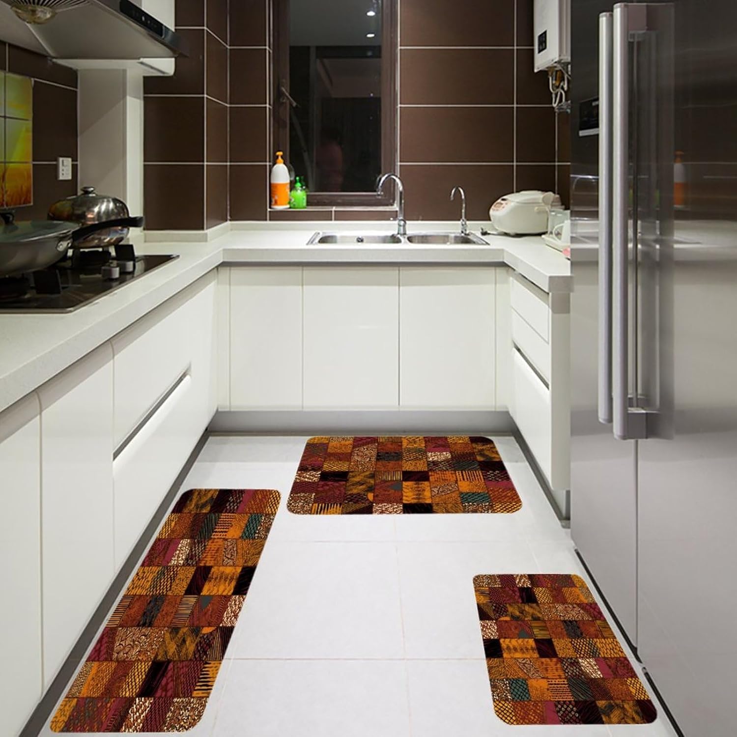 African Style Patchwork Kitchen Mats Soft Absorbent Rugs for Floor Non Slip Washable Kitchen Mats Fashion Rectangular Rugs for Three-Piece Set for Laundry Office Home Sink