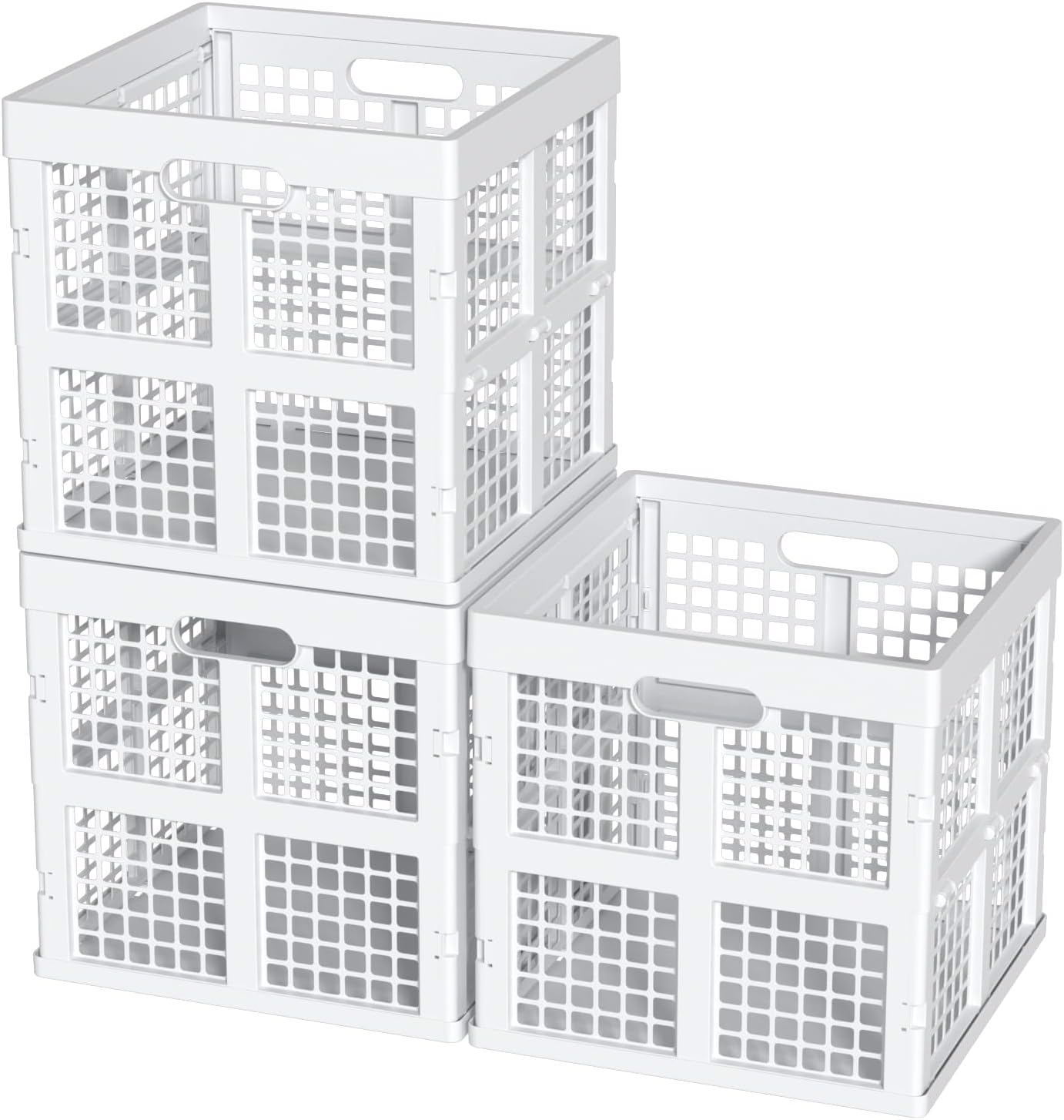 Sadstory 36 L Plastic Folding Storage Crate, Stackable Square Collapsible Crates, White, 3 Pack