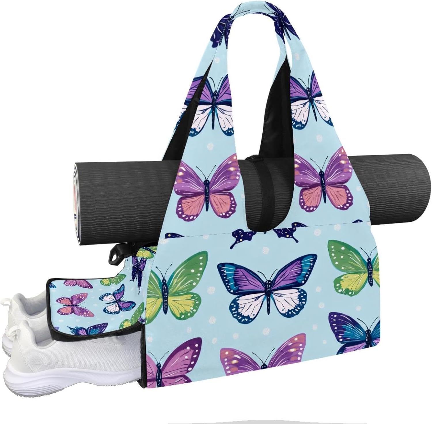 Yoga Mat Bag, Gym Workout Bag with Shoe Compartment, Butterfly Pilates Bag for Women, Quick Access Storage Yoga Tote Bag for Sports Travel Office