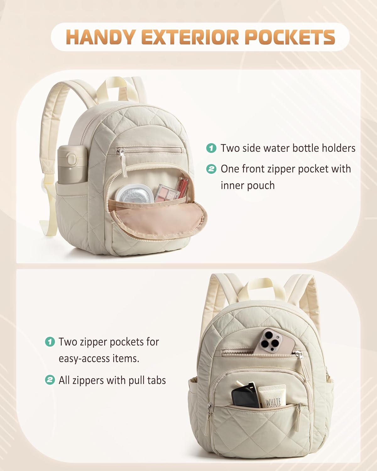 Women Mini Backpack with RFID Blocking Pocket, Small Puffer Backpack Purse, Lightweight Quilted Backpack for Work, College or Travel, Beige - Image 4