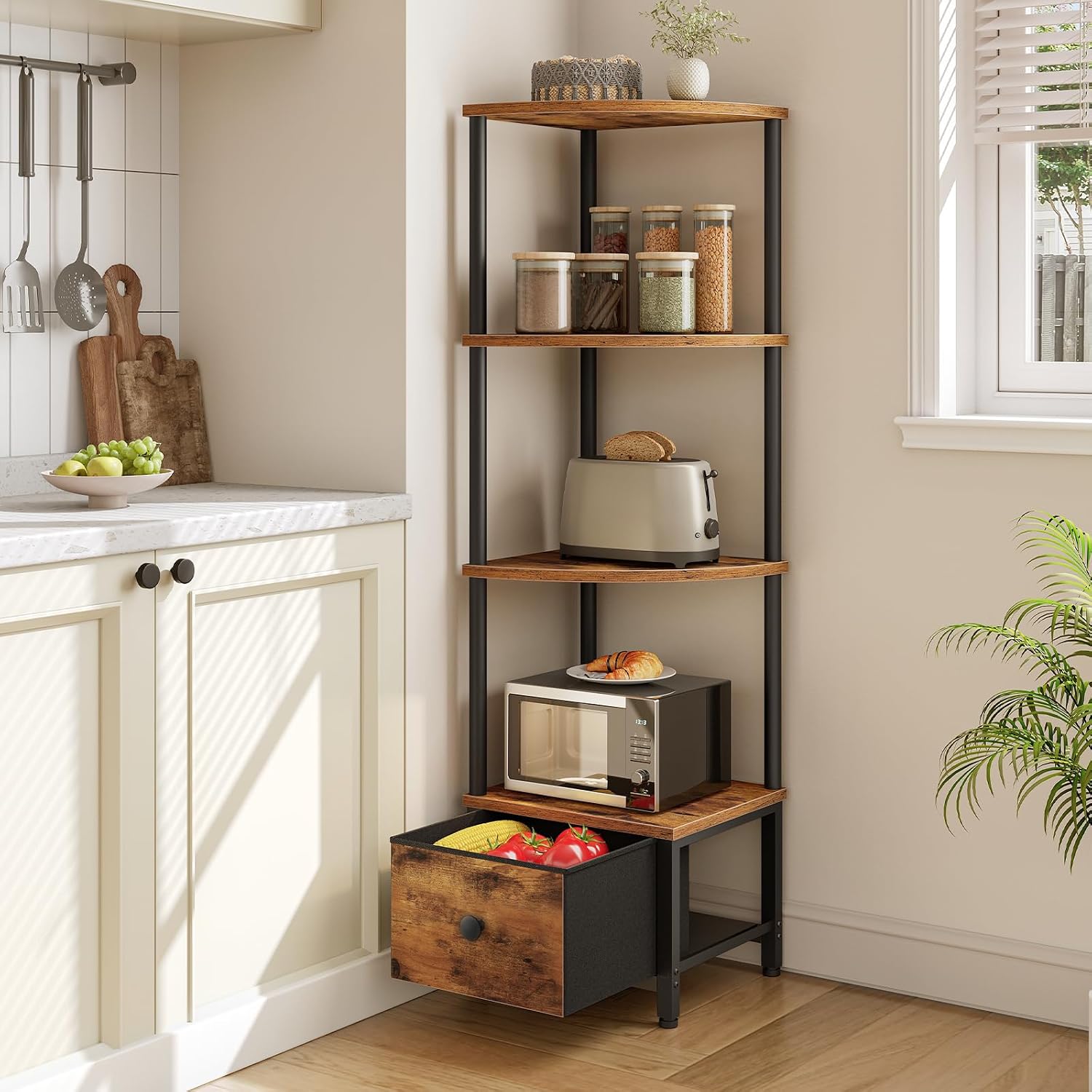 HOOBRO 5-Tier Corner Shelf with LED Light, Corner Bookshelf with Drawer image 4
