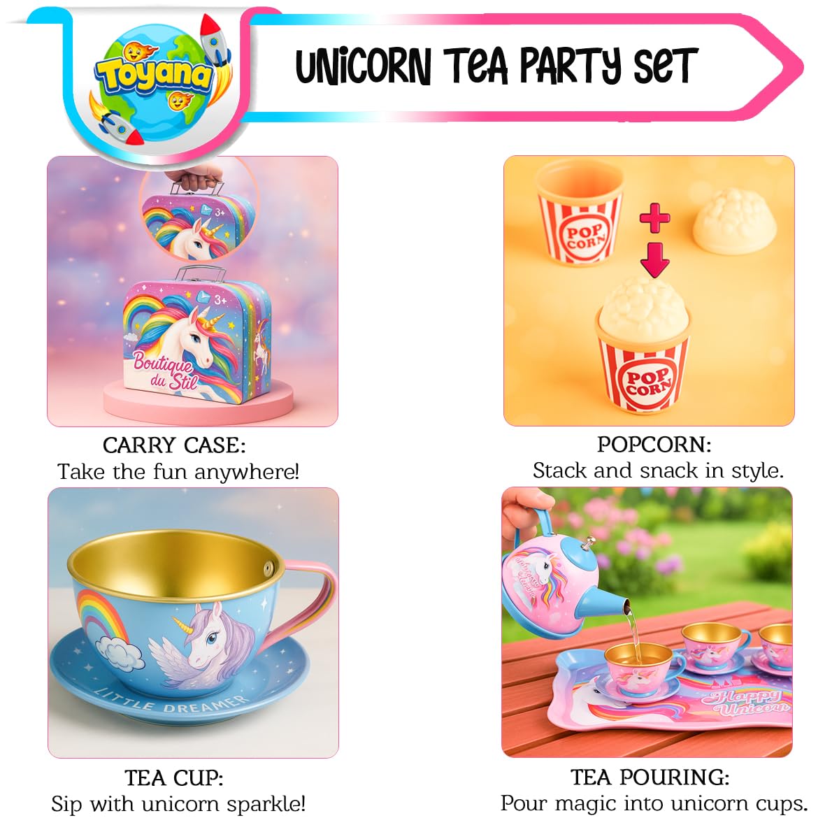 Toyana 27 PCs Kids Unicorn Tea Set in Metal Carry Case, Pretend Play Tea Party Playset, Realistic Teapot, Cups - Image 3