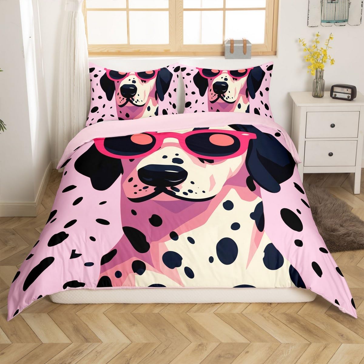 Erosebridal Pink Cartoon Dog Bedding Set Toddler,Dalmatian Dog Comforter Cover Cute Animal Duvet Cover Black White Spotted Puppy Bedspread Cover for Kids Boys Girls Room Decor