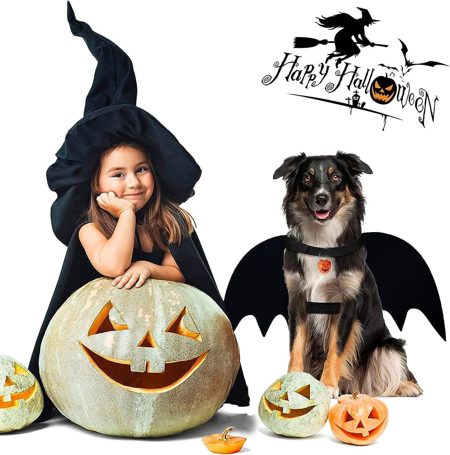 Halloween Cane Gatto per Animale, Cane Gatto Ali per Animali Domestici,Con Zucca Bells, Halloween Ali Di Pipistrello Da Compagnia,Domestici da Cosplay Costumi da Cani Gatti- Taglia M