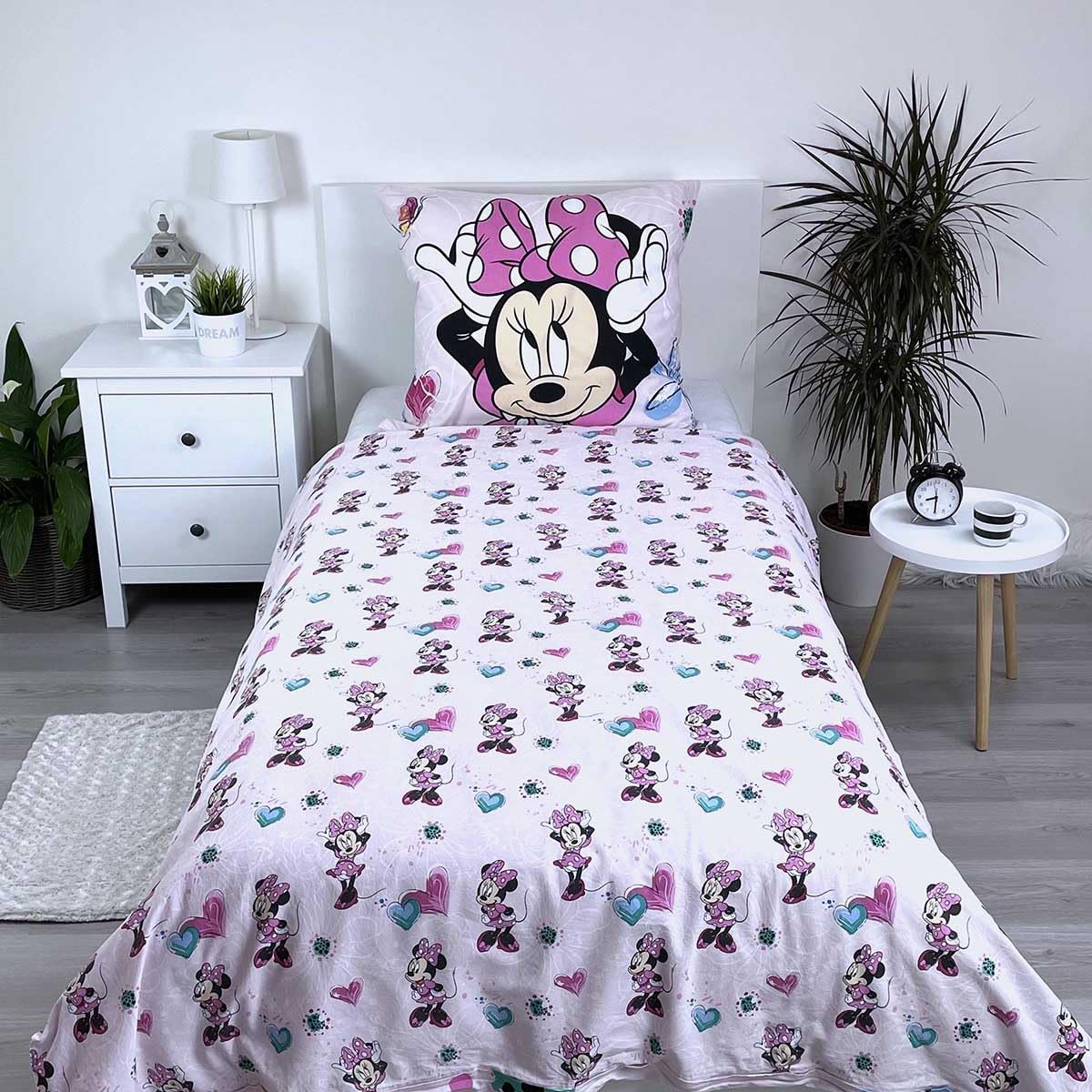 Disney - Juego de cama infantil de Minnie Mouse con corazones y flores rosas, funda nórdica de 160 x 200 cm + almohada de 70 x 80 cm, 100% algodón