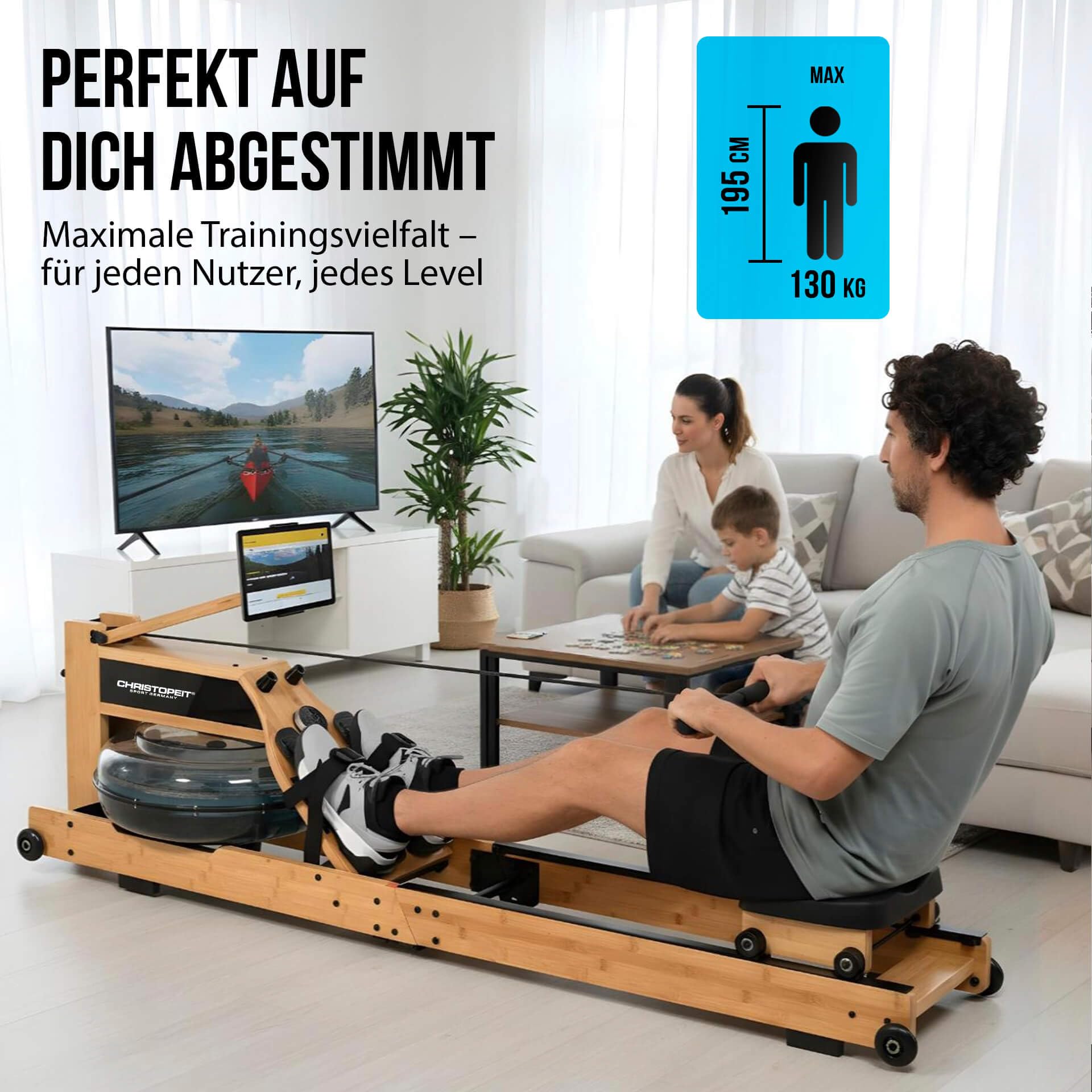 CHRISTOPEIT Rudergerät für Zuhause Wasser klappbar - WP 5000 (Testsieger) oder Colorado - Holz, Hybrid Wasser-Magnet-System, Kinomap, Bluetooth, bis 150 kg, ergonomisch