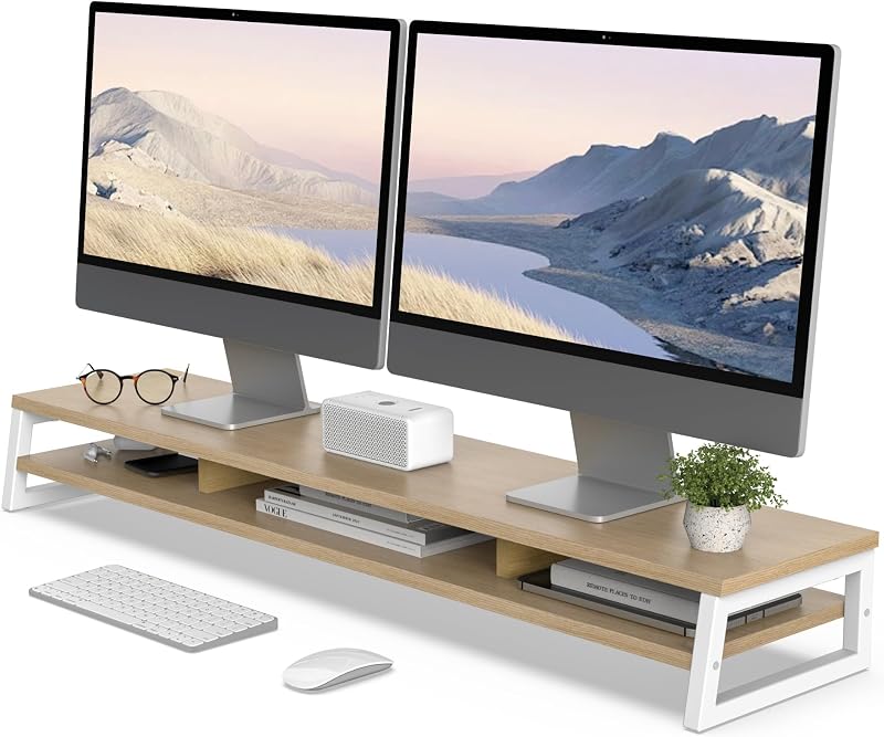 Dual Monitor Riser for Desk, Open Shelf with 3 Storage Compartments | 42.5in Computer Monitor Stand, 2-Tier Desk Shelf for Top of Desk,One-Piece Panel, fit Ultrawide Monitor, PC, Laptop, Oak