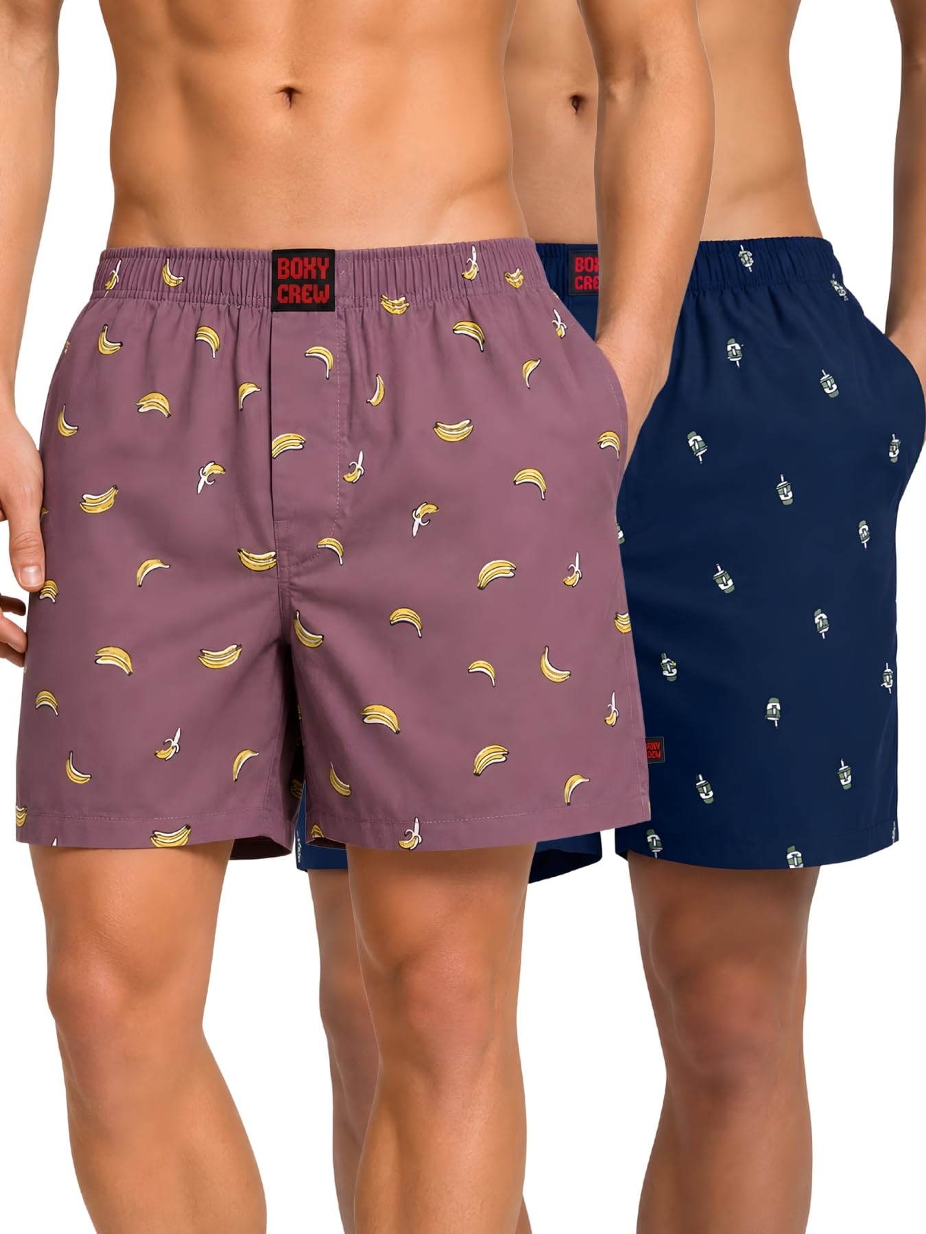boxy crew Men Boxer Shorts Pack of 2, 100% Cotton Woven Boxers, Rose Pink & Navy Blue, Printed Designs, Dual Side Pockets, No-Marks Inner Elastic Waistband, Relaxed Fit Lounge & Sleep Shorts-picture-51