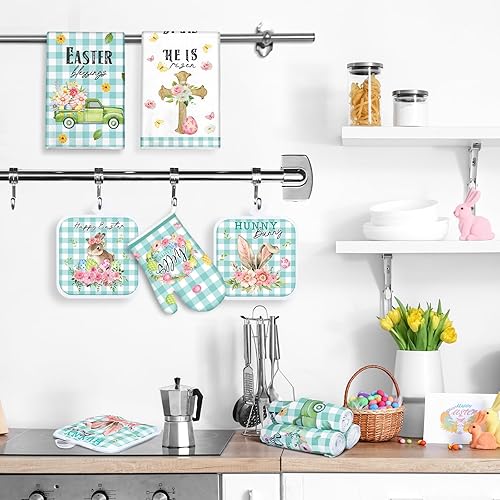 Miniatura 5 de VitalCozy Juego de 8 toallas de cocina de Pascua, guantes de horno y soporte para ollas, diseño floral de conejo de Pascua, flores de primavera, a