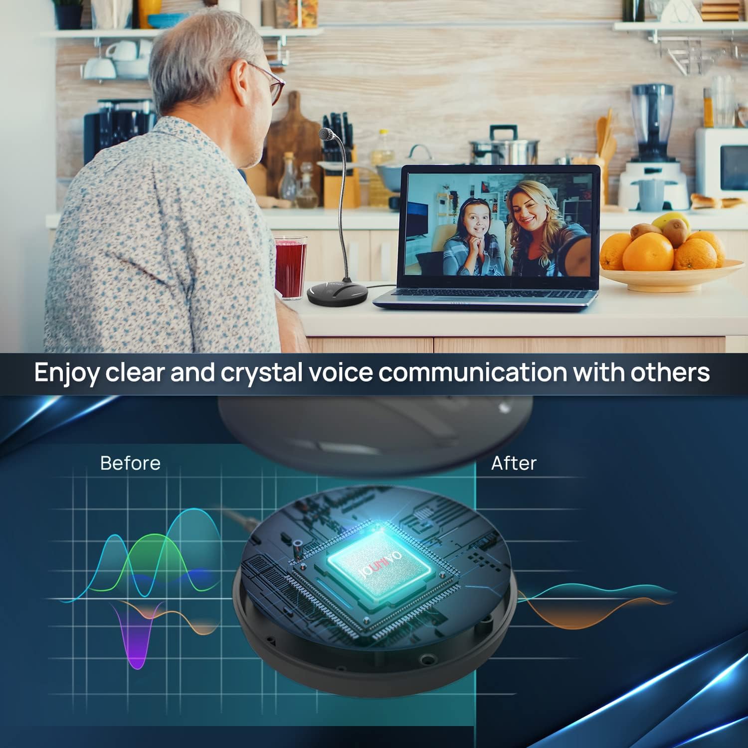 Man using JOUNIVO JV610 microphone with laptop, showing 'Before' and 'After' sound wave diagrams