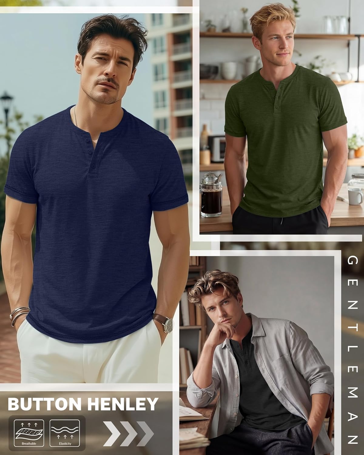 Huukeay 3 Pack Men's Big & Tall Henley Short Sleeve Shirts, Crew Neck Casual Button T-Shirts Summer Basic Tees Tops