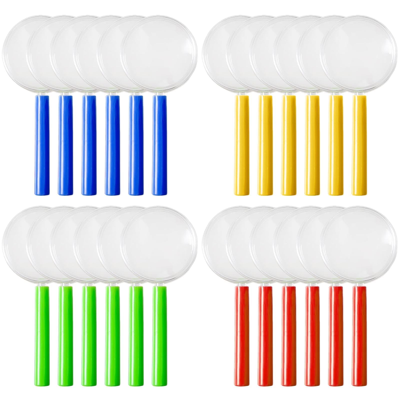 Set of 24 magnifying glasses for children, mini magnifiers for small explorers in 4 colours, ideal for detective boxes and medical detectives, ergonomic design for optimal comfort.