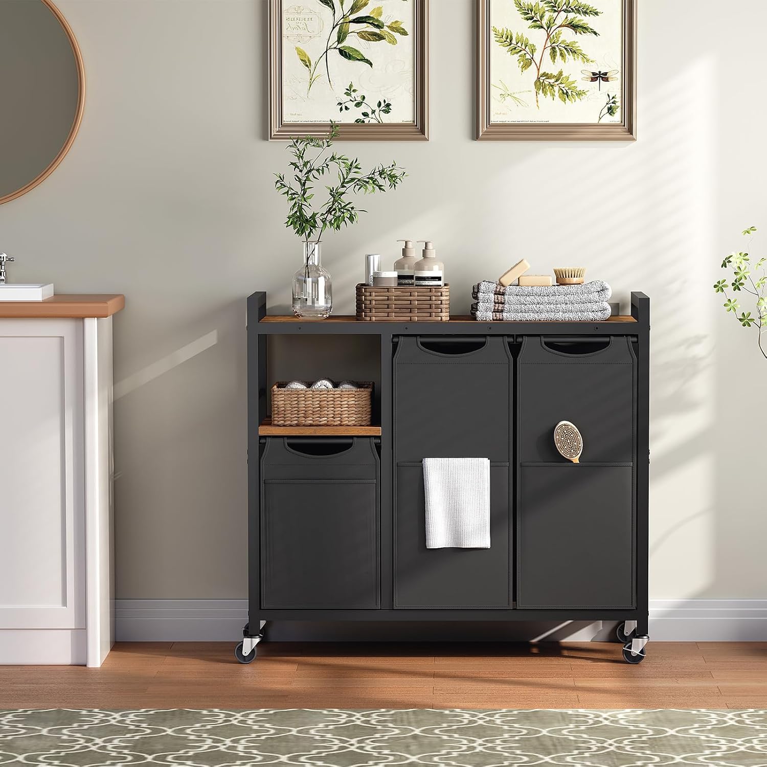 HOOBRO Laundry Sorter with 3 Section, 29 Gal. (109.5 L) Laundry Hamper with Wheels and Shelves, Rolling Laundry Basket with Side Pockets, Pull-Out Detachable Bags, Rustic Brown and Black BF15XY01