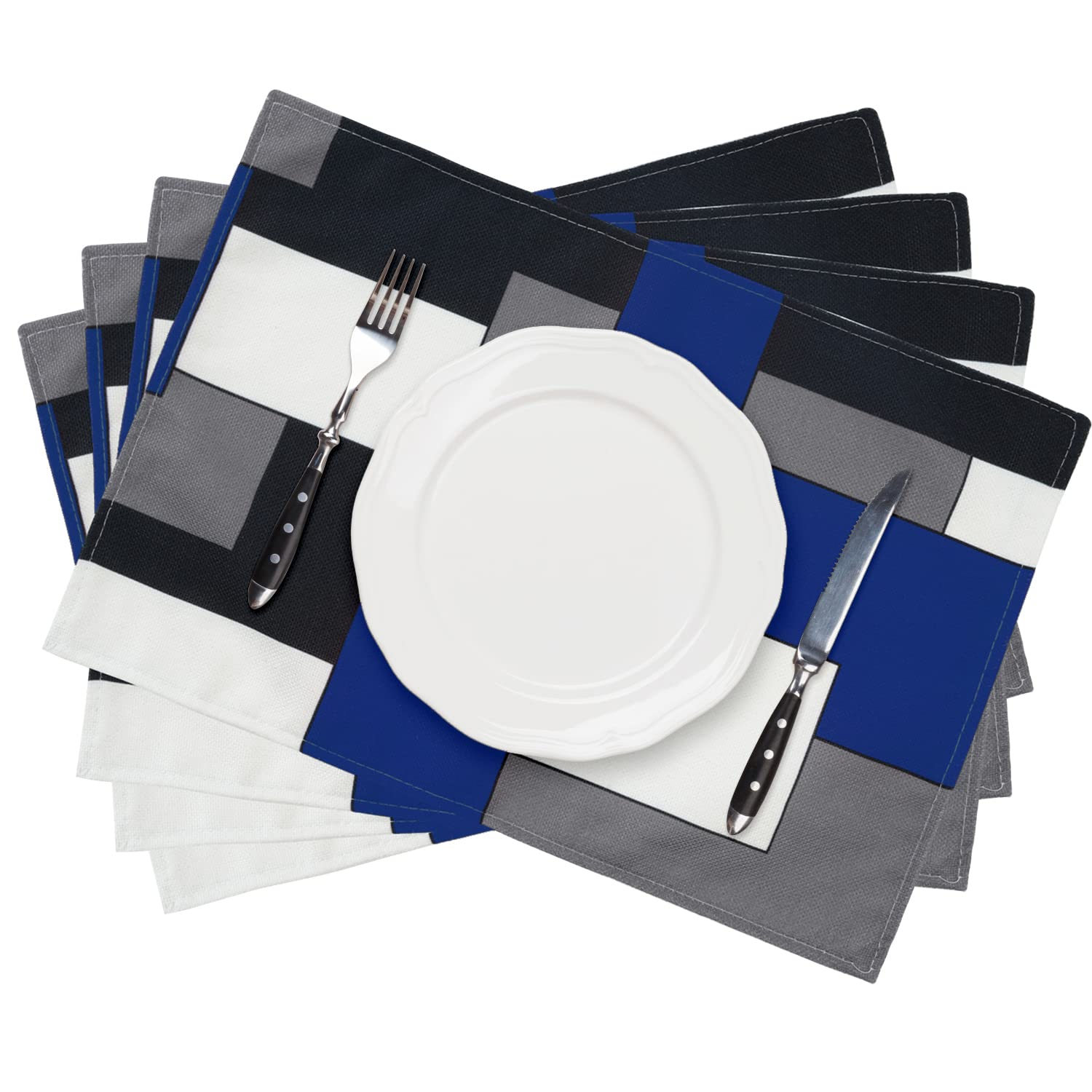 Juego de 4 manteles individuales cuadrados geométricos, impermeables, de arpillera, lavables, para decoración del hogar y la cocina (azul negro, 12 pulgadas de ancho x 18 pulgadas de largo)