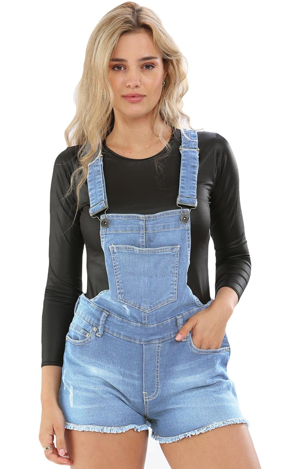 Ladies Stretchable Braces Dungaree Shorts Light Wash UK 12