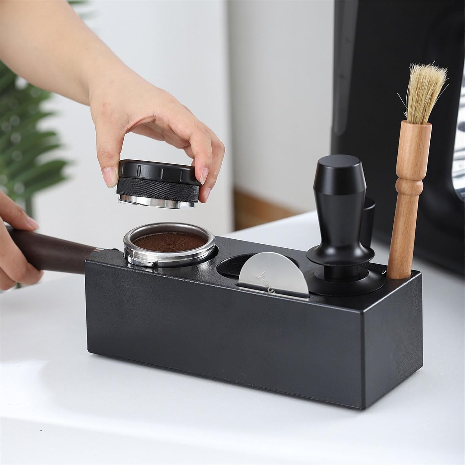 Professional Coffee Grounds Tamping Stand Set Espresso Tamper and Distributor with Removable Metal Presser Tamper Set with Cleaning Brush