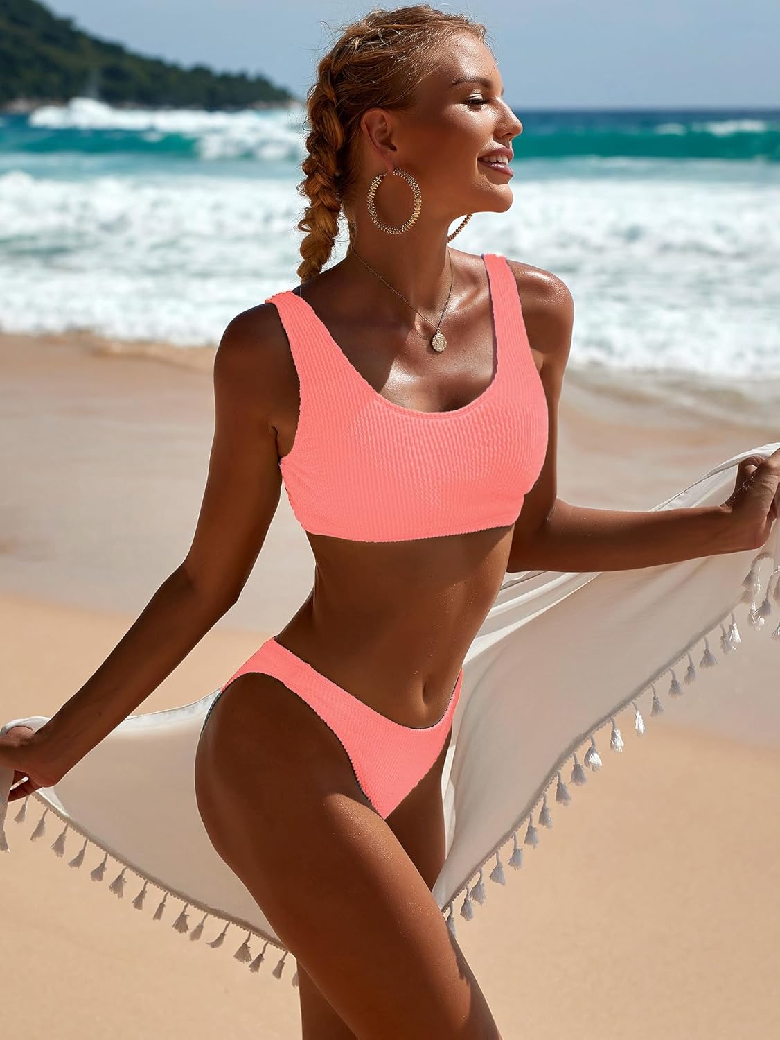YIMISAN Women's Ribbed Two Piece Bikini Sets Wide Shoulder Strap Top Swimsuit with Mid Waist Cheeky Bathing Suit