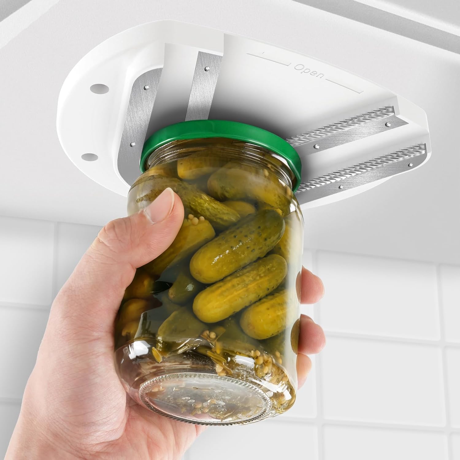 Mount-on Cabinet Jar Opener for Weak Hands,Seniors with Arthritis,Double U Shaped Grooves Grip Bottle Opener for Any Size Lid,304 Stainless Steel One-Handed Can Opener Tool for Home Assistance,White