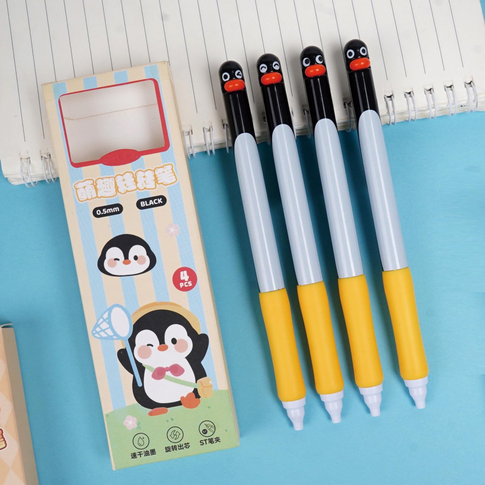 MOZXIRZ 4 penne gel retrattili a forma di pinguino, 0,5 mm, inchiostro nero, penne a forma di pinguino, stile kawaii, per ragazze, ragazzi, donne, uomini, ufficio, scuola (4 pezzi, pinguino)