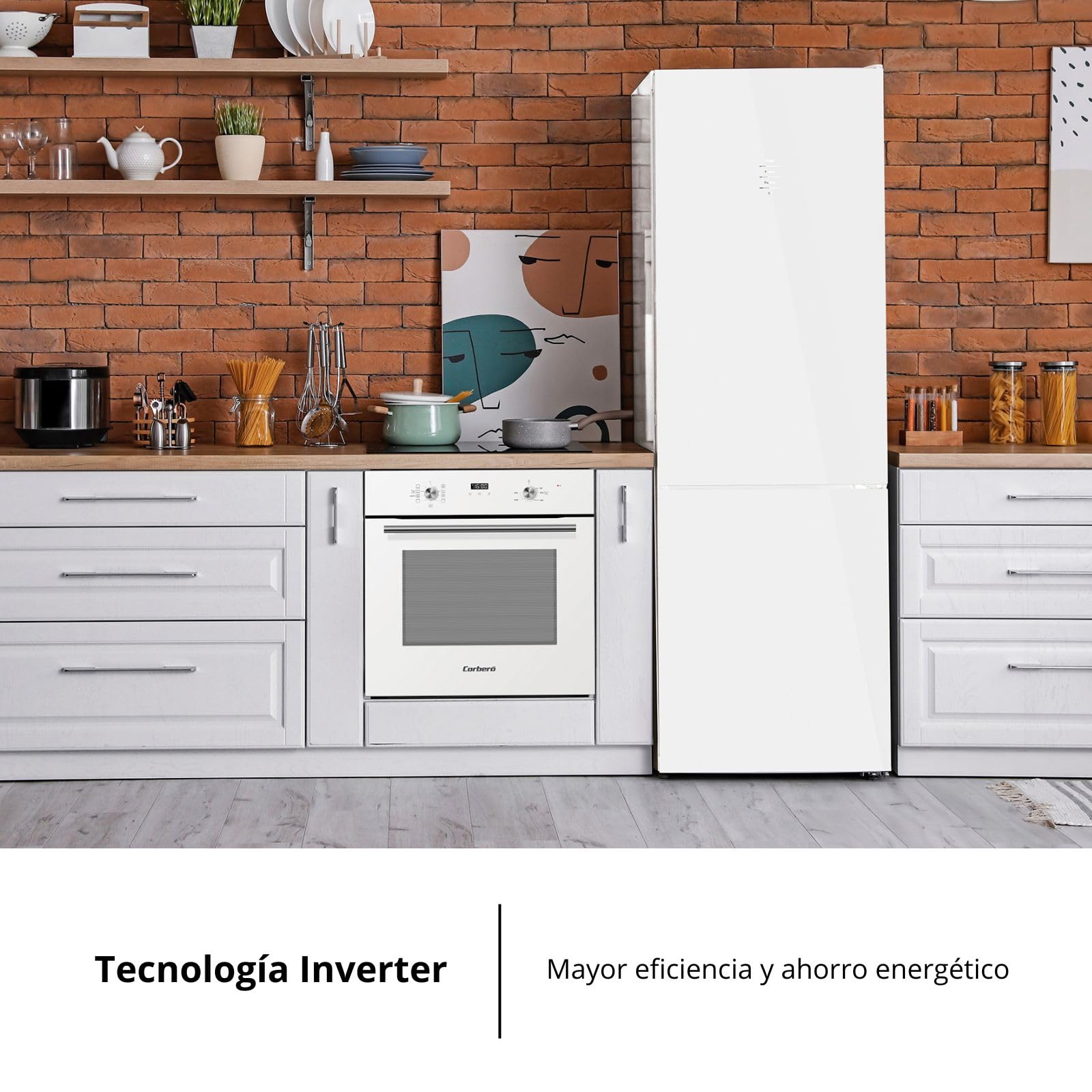 Corbero - Frigorífico Combi | CCGLML201725NFW | No Frost | Inverter | 356L | 200cm | Display Puerta | Fresh Box | Cajón Crisper | Estantes cristal | Cristal Blanco