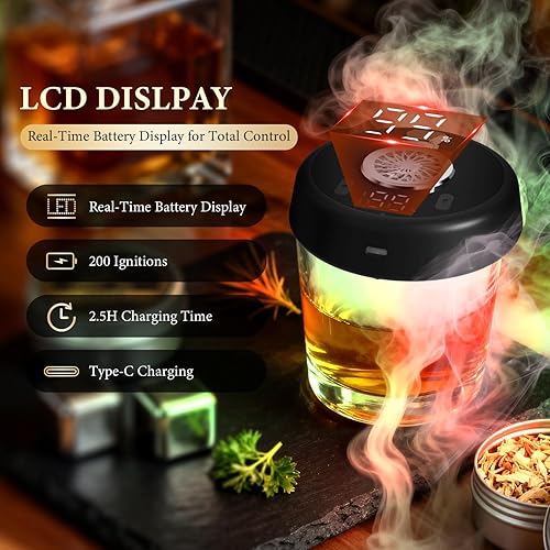 Miniatura 4 de Kit de ahumador eléctrico de whisky con 7 modos de luz, ahumador de cóctel recargable con 10 chips de madera natural, cubitos de hielo y molde de