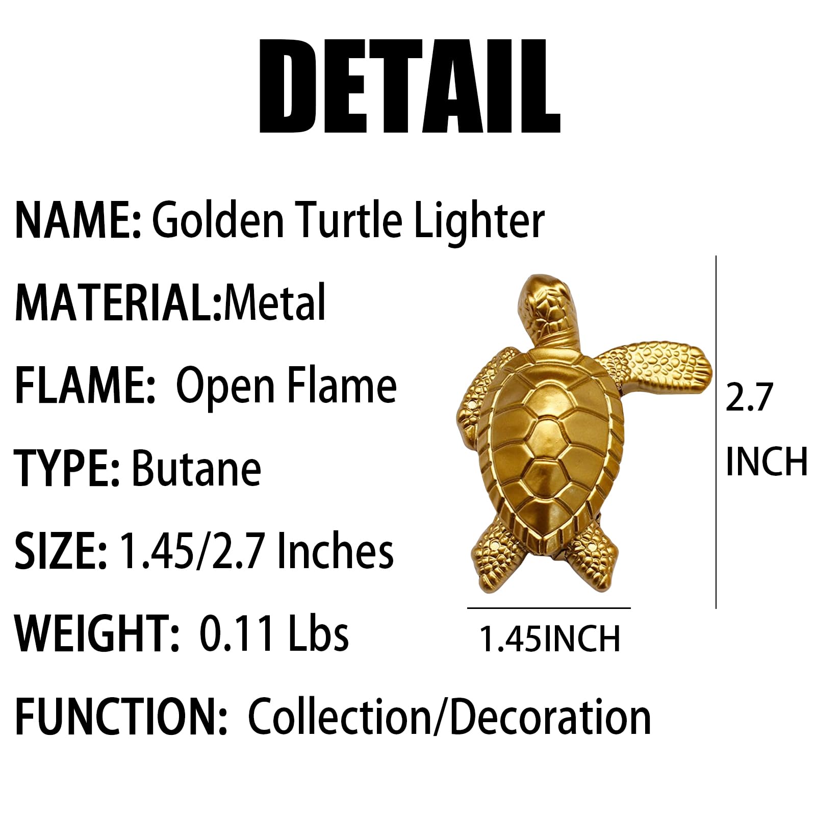 WEQTETJU Vintage Metal Butane Gold Turtle Lighter, Portable Cool Soft Flame Lighters, Refillable Novelty Lighter for Fireplace Candle Camping BBQ (Without Gas)
