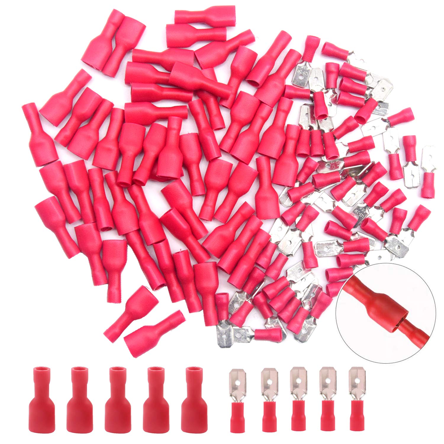 Ceeysee Men's Red 100Pcs Insulated /Fe Spade Connector Quick Splice Wire Terminals Wire Crimp Connectors （Psh)