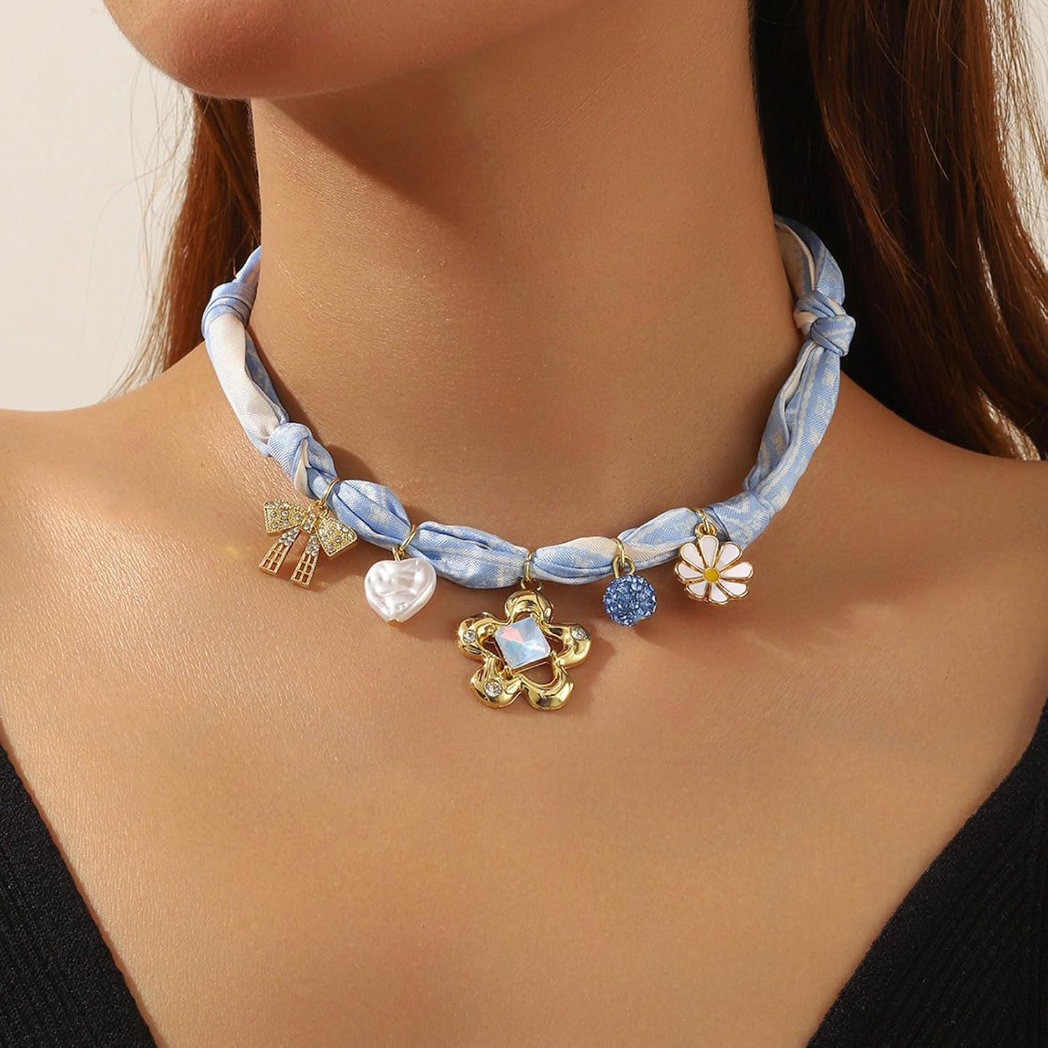 Scarf Necklace with Charm for Women Gold Bow Flower Star Pearl Scarf Charm Necklace Adjustable Bohemian Colorfull Scarfs Choker Necklaces Summer Beach Jewelry Gifts - Image 3