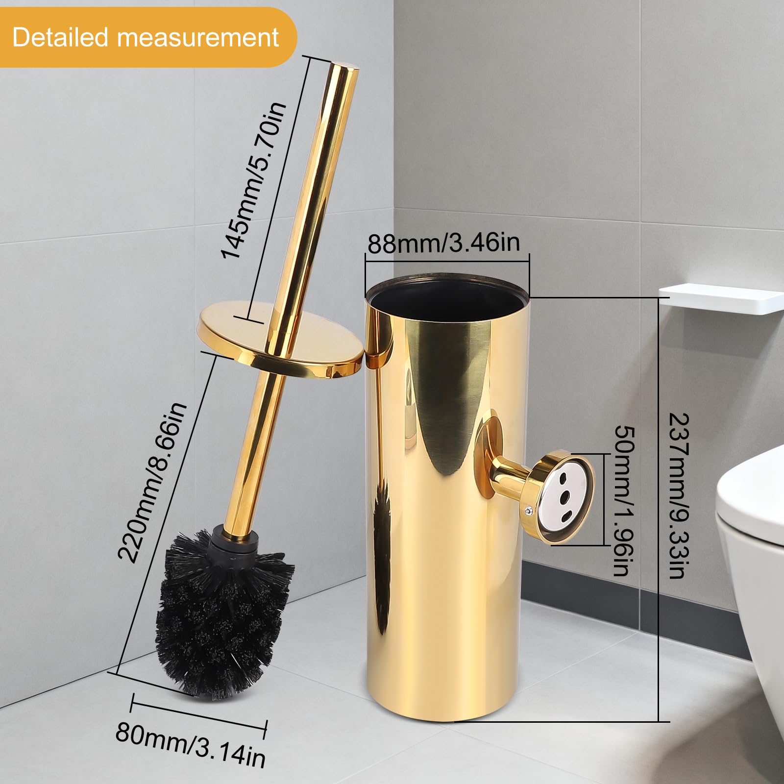 EXLECO Brosse Toilettes WC Mural Gold, Suspendu Balai INOX, Toilette WC avec 1 Têtes de Brosses, Balayette WC Kit et Supports sans Perçage, Porte Brosse WC, Nettoyage Salle de Bain Accessoire