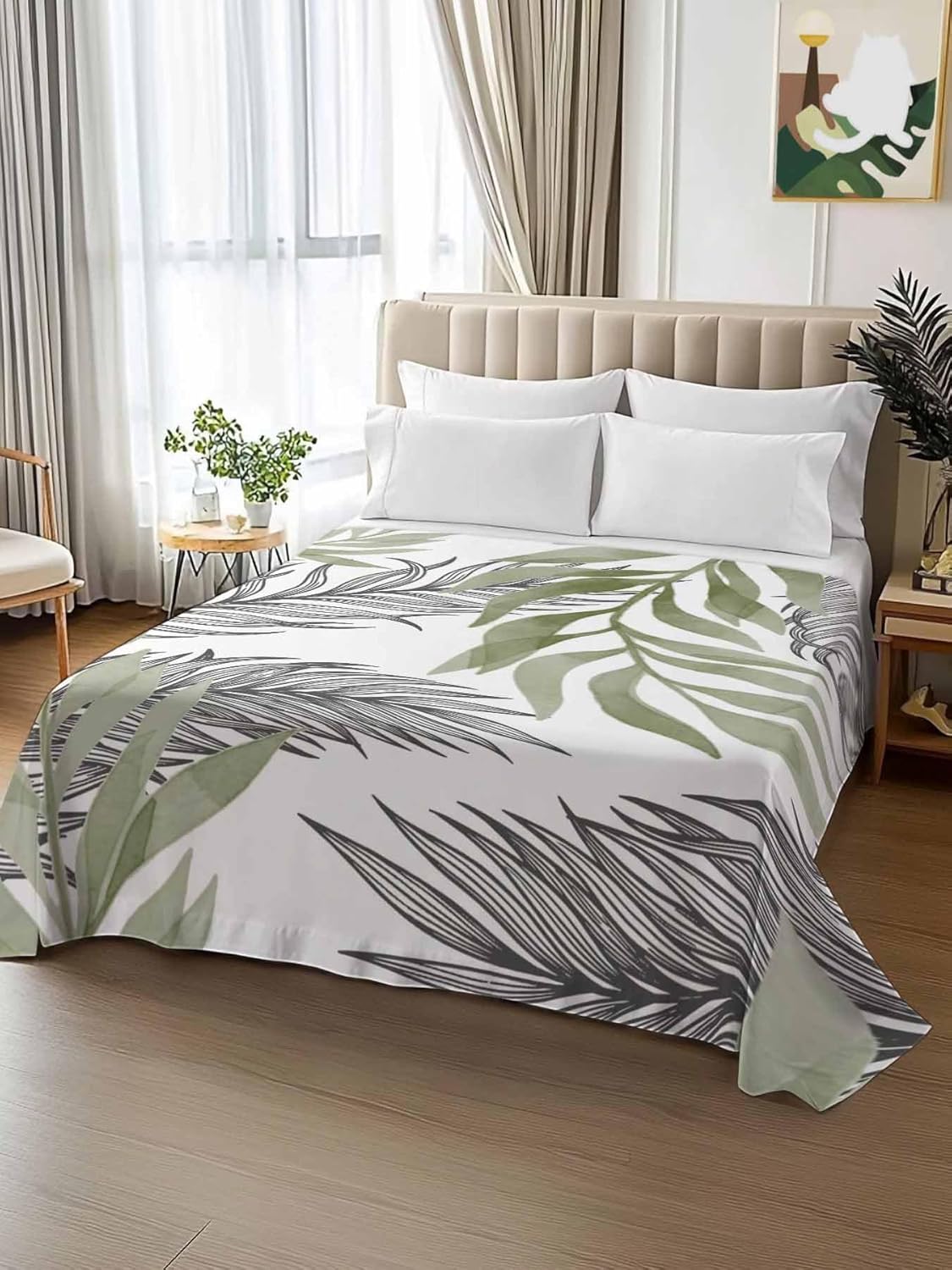 Top Sheet Full Bedding Flat Sheet Only, Watercolor Rustic Leaf Microfiber Bed Sheets Soft Breathable Bedding Flat Sheets, Sage Green Black Leaves Hotel Luxury Top Sheets
