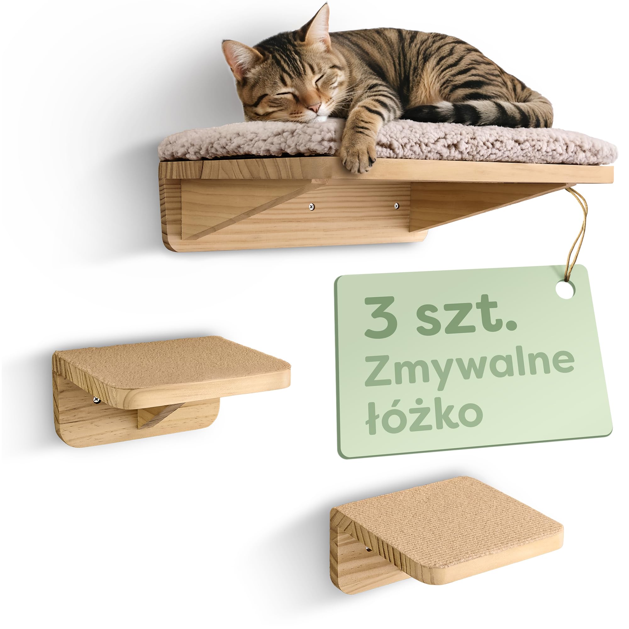 Knupis Zestaw Ściennej Drabinki dla Kota z Legowiskiem & 2x Schodkami – FSC® Lite Drewno Sosnowe, Stabilna Półka Ścienna do 30 kg – dla Zabawy i Wygody - Beżowy | Wykonany z litego drewna sosnowego FSC, stabilny leżak ścienny, zapewniający zabawę i przytu