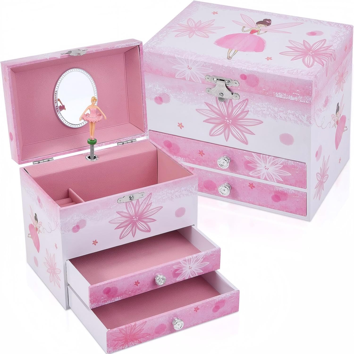 Taopu Girls Pink Ballerina Musical Jewellery Box With 2 Drawers For ,Fairy Design Kids Music Box With Spinning Ballerina,Kids Jewel Storage Box For Ages 3-12 Kids Gift