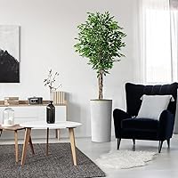 Vista 15 de Árbol artificial en macetero con efecto de mármol blanco, Ficus Lyrata falso de seda para decoración del hogar en interiores y exteriores, altura