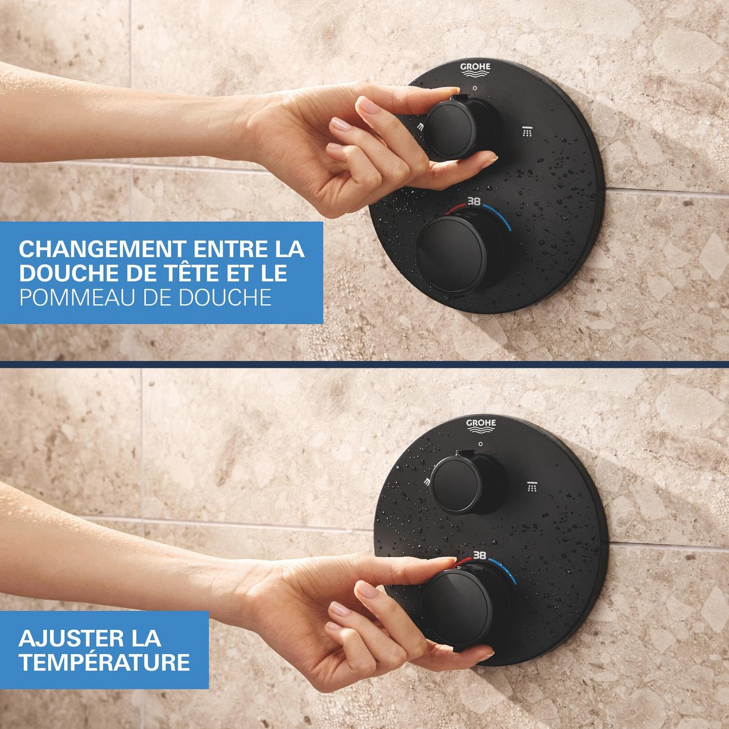 GROHE Precision Thermostatique Rond Ensemble de Douche Encastré Vitalio Start avec Douche de Tête 25cm, Douchette 11cm 2 jets, Support Mural et Flexible 1.5m, Economie d'Eau, Noir Mat, 348832430