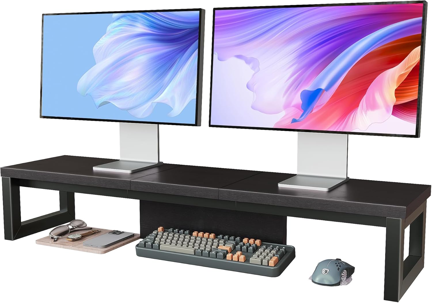 Dual Monitor Stand Riser, Large Computer Monitor Stand for 2 Monitors, Multi-Purpose Desk Organizers and Accessories, Wood and Steel Desk Shelf for Computer, Laptop, Printer, TV, White